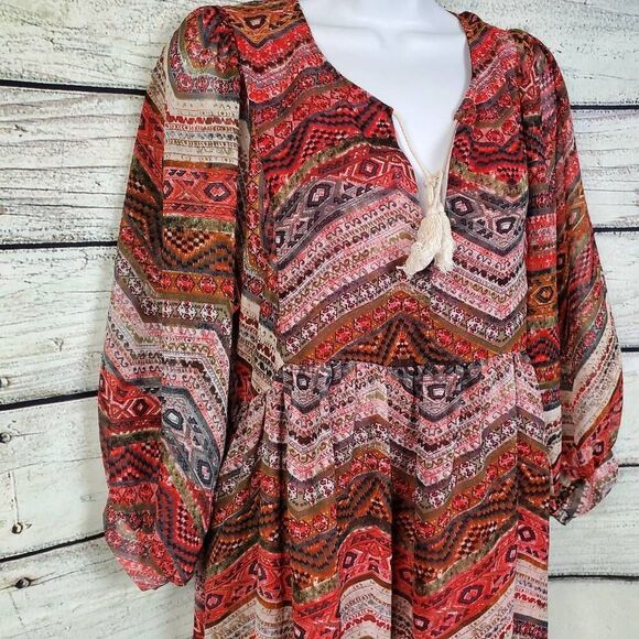 Umgee USA Boho Peasant Dress Size M Long Sleeve Tie Neck Multicolor Print - Picture 2 of 8